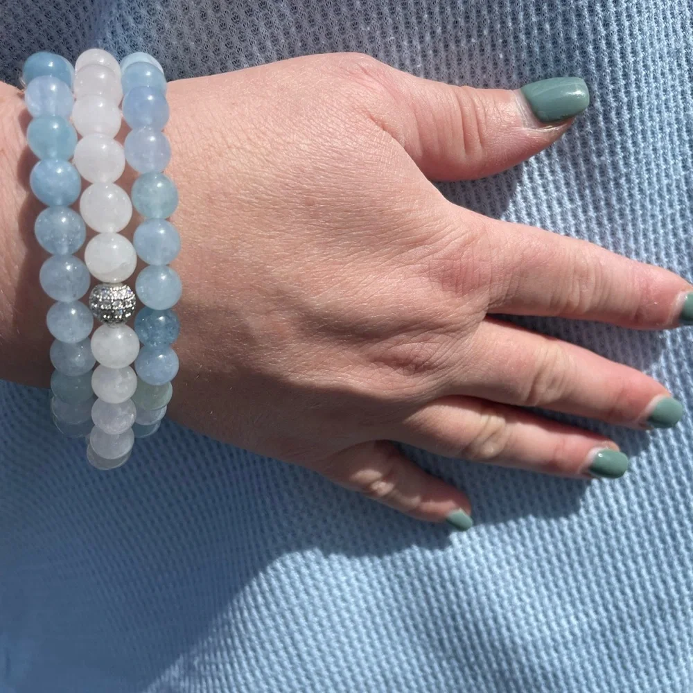 3 bracelets 2 aqua marine and 1 white quartz with Swarovski crystal pave - Picture 1 of 5